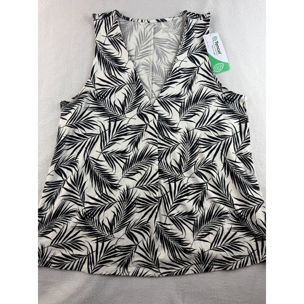 Lands End Womens Tank Top Medium Black White Palm Leaf Sleeveless Tencel